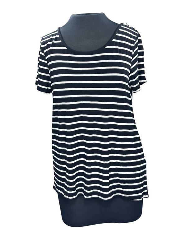 Cable & Gauge Black & White Striped Short Sleeve Top With Button Back Detail - Picture 1 of 9